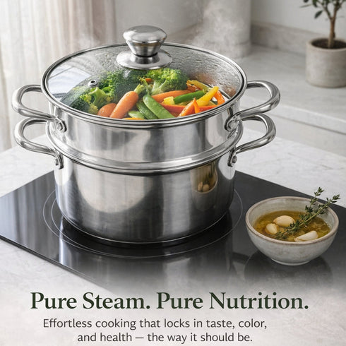 Spring by LA’ FORTE Stainless Steel 2-Tier Steamer & Casserole Set | Use as Single-Tier Cookware | Toughened Glass Lid | Riveted Handles