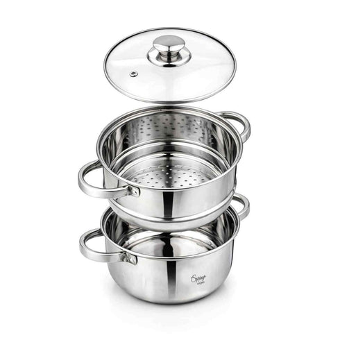 Spring by LA’ FORTE Stainless Steel 2-Tier Steamer & Casserole Set | Use as Single-Tier Cookware | Toughened Glass Lid | Riveted Handles