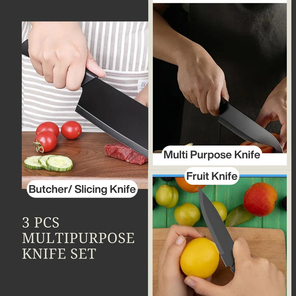 3-Piece Multipurpose Knife Set with Sheaths – Kitchen, Chef, and Fruit Knives Green