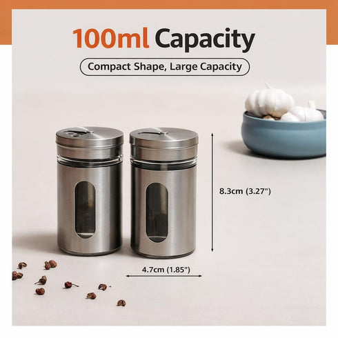 Stainless Steel & Glass Salt Pepper Shaker Spice Jars with Stand for Oregano, Chilli Flakes, Sugar, Seasoning Sprinkler | Dining Table Masala Box