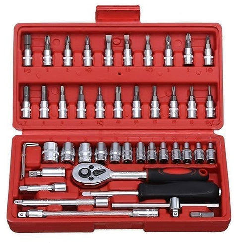 Flixx 46-Piece Socket Wrench Tool Kit Set, 1/4-Inch Drive Ratchet with Metric Sockets & Screwdriver Bits, Portable Repair Tool Set for Home, Auto, DIY Maintenance