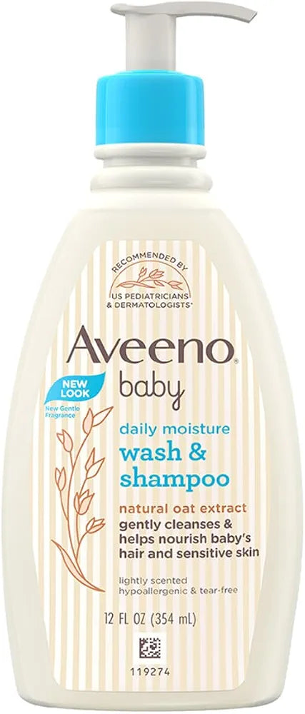 Aveeno Baby Daily Moisture Wash and Shampoo | Cleanses hair & body | Oat kernel extract & glycerin | Tear-free, soap-free, paraben-free, hypoallergenic | US #1 Pediatrician recommended