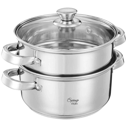 Spring by LA’ FORTE Stainless Steel 2-Tier Steamer & Casserole Set | Use as Single-Tier Cookware | Toughened Glass Lid | Riveted Handles