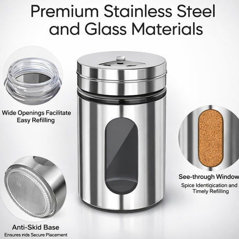 Stainless Steel & Glass Salt Pepper Shaker Spice Jars with Stand for Oregano, Chilli Flakes, Sugar, Seasoning Sprinkler | Dining Table Masala Box