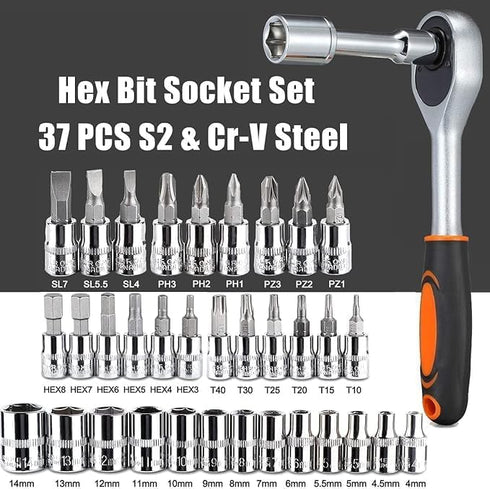 Flixx 46-Piece Socket Wrench Tool Kit Set, 1/4-Inch Drive Ratchet with Metric Sockets & Screwdriver Bits, Portable Repair Tool Set for Home, Auto, DIY Maintenance