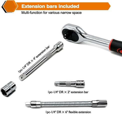 46-Piece Socket Wrench Tool Kit Set, 1/4-Inch Drive Ratchet with Metric Sockets & Screwdriver Bits, Portable Repair Tool Set for Home, Auto, DIY Maintenance