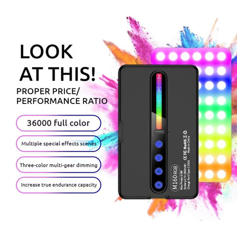 BKN M160 RGB Portable Pocket Camera Light Dimmable Panel Lamp | Full Color 2700-6500k 6.5W for Phone Photography Video Led Light 1800 mAh for Zoom Calls/Live Stream/Selfies/Makeup