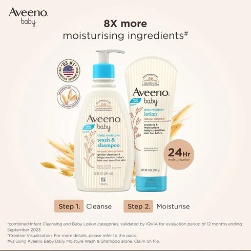 Aveeno Baby Daily Moisture Wash and Shampoo | Cleanses hair & body | Oat kernel extract & glycerin | Tear-free, soap-free, paraben-free, hypoallergenic | US #1 Pediatrician recommended