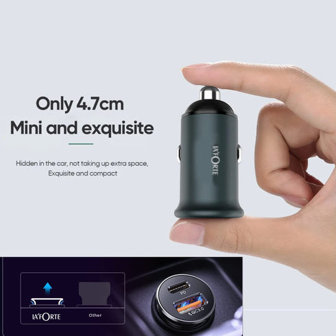 LA' FORTE Compact Mini Metal Dual Port Ultra Fast Car Charger, QCPD (QC- 3.0 & PD - 30 W)