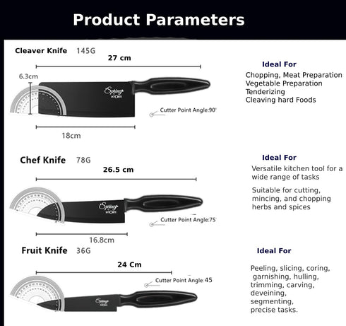 LA' FORTE Black Knife Set 3 Pieces, Sharp Cooking Knife Set with Cleaver (Extreme Sturdiness and Superior Longevity)