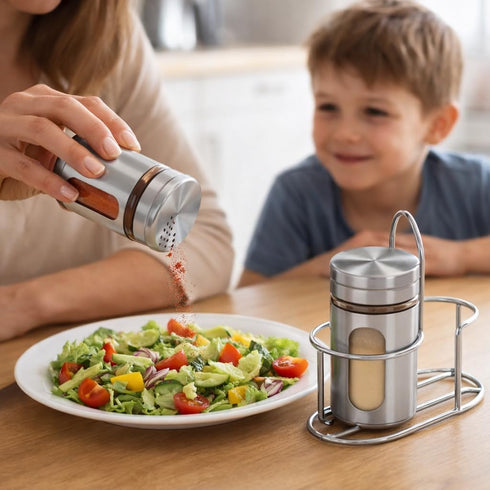 Stainless Steel & Glass Salt Pepper Shaker Spice Jars with Stand for Oregano, Chilli Flakes, Sugar, Seasoning Sprinkler | Dining Table Masala Box