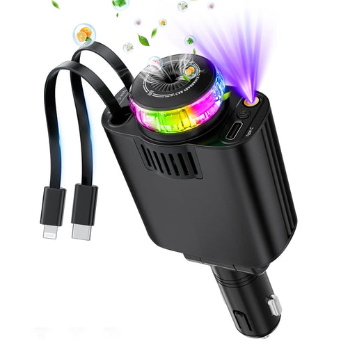 Starlight Retractable Car Charger with Aromatherapy, 5 in 1 Fast Charging 66W Car Phone Charger Adapter, USB C Car Accessories Compatible with iPhone 16/15/14/13/12/11 and Android (Black)