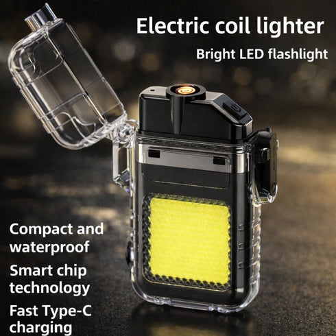 Flixx 2-in-1 Waterproof Electric Coil Lighter with COB LED Flashlight | USB Type-C Rechargeable | Windproof Flameless Lighter | Compact Emergency & Outdoor Tool