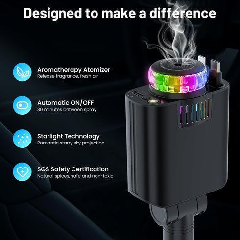 Starlight Retractable Car Charger with Aromatherapy, 5 in 1 Fast Charging 66W Car Phone Charger Adapter, USB C Car Accessories Compatible with iPhone 16/15/14/13/12/11 and Android (Black)