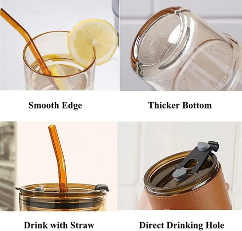 LA' FORTE Borosilicate Glass Tumbler | Leak-Proof Travel Cup | Glass Straw & Leather Jacket | Hot & Cold Beverages | Dual Drinking Mode - Sip & Straw