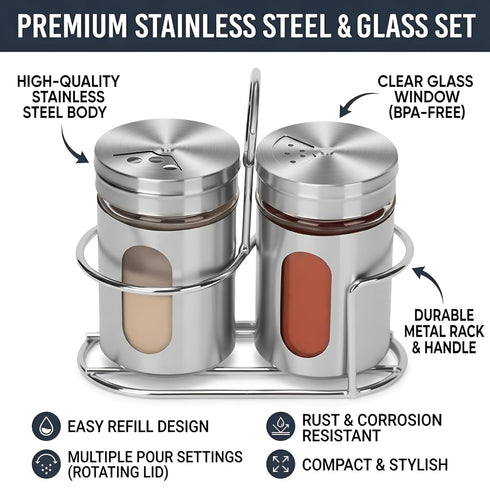 Stainless Steel & Glass Salt Pepper Shaker Spice Jars with Stand for Oregano, Chilli Flakes, Sugar, Seasoning Sprinkler | Dining Table Masala Box
