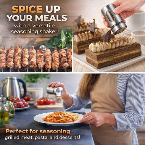 Stainless Steel & Glass Salt Pepper Shaker Spice Jars with Stand for Oregano, Chilli Flakes, Sugar, Seasoning Sprinkler | Dining Table Masala Box