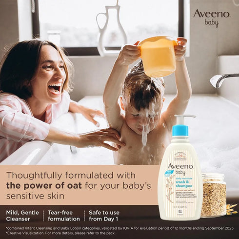 Aveeno Baby Daily Moisture Wash and Shampoo | Cleanses hair & body | Oat kernel extract & glycerin | Tear-free, soap-free, paraben-free, hypoallergenic | US #1 Pediatrician recommended
