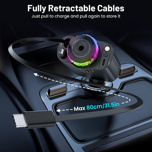 Starlight Retractable Car Charger with Aromatherapy, 5 in 1 Fast Charging 66W Car Phone Charger Adapter, USB C Car Accessories Compatible with iPhone 16/15/14/13/12/11 and Android (Black)