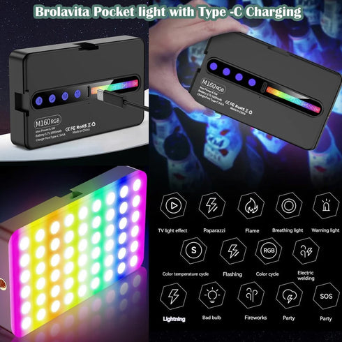 BKN M160 RGB Portable Pocket Camera Light Dimmable Panel Lamp | Full Color 2700-6500k 6.5W for Phone Photography Video Led Light 1800 mAh for Zoom Calls/Live Stream/Selfies/Makeup