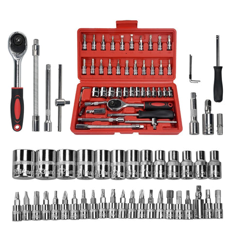 Flixx 46-Piece Socket Wrench Tool Kit Set, 1/4-Inch Drive Ratchet with Metric Sockets & Screwdriver Bits, Portable Repair Tool Set for Home, Auto, DIY Maintenance