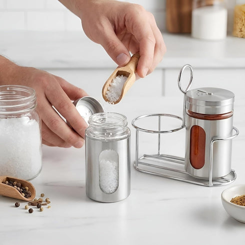 Stainless Steel & Glass Salt Pepper Shaker Spice Jars with Stand for Oregano, Chilli Flakes, Sugar, Seasoning Sprinkler | Dining Table Masala Box