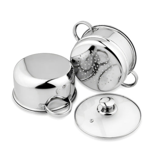 Spring by LA’ FORTE Stainless Steel 2-Tier Steamer & Casserole Set | Use as Single-Tier Cookware | Toughened Glass Lid | Riveted Handles