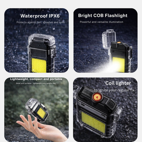 Flixx 2-in-1 Waterproof Electric Coil Lighter with COB LED Flashlight | USB Type-C Rechargeable | Windproof Flameless Lighter | Compact Emergency & Outdoor Tool