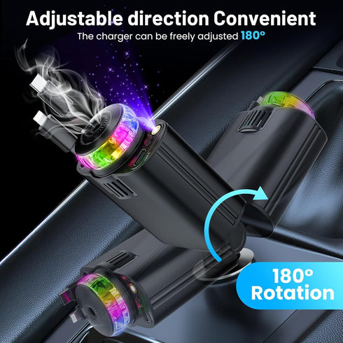 Starlight Retractable Car Charger with Aromatherapy, 5 in 1 Fast Charging 66W Car Phone Charger Adapter, USB C Car Accessories Compatible with iPhone 16/15/14/13/12/11 and Android (Black)