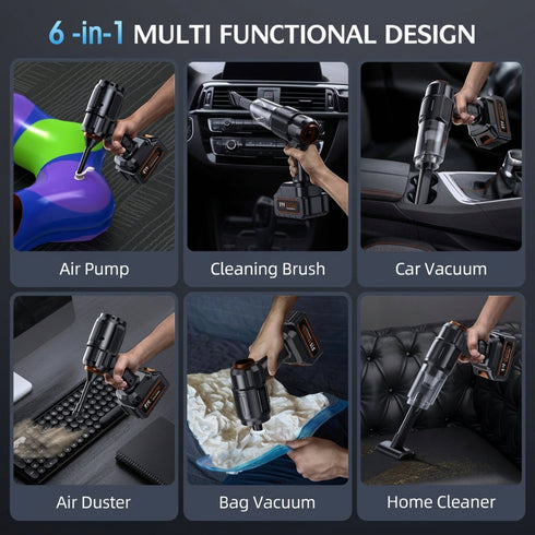 FLIXX 6-in-1 Mini Vacuum Cleaner / Air Duster / Air Blower – Brushless Motor, HEPA Filter, 48WH Rechargeable Battery