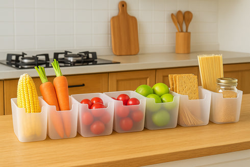 Set of 6 Multipurpose Frosted Plastic Storage Containers | Kitchen, Fridge, Bathroom & Desk Organiser | Compact & Durable Design