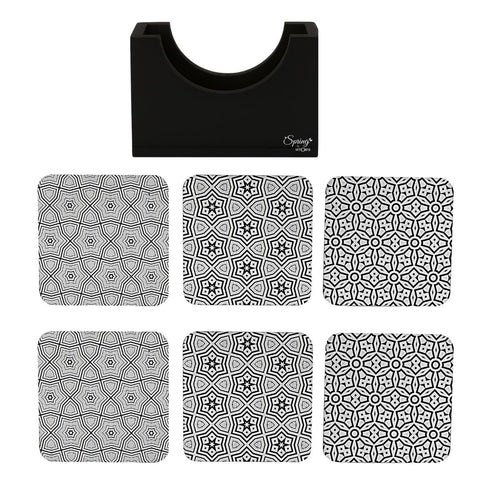 6-Piece Premium Abstract Design Wooden Coaster Set with EPE Anti-Slip Base & Storage Stand | 3.5” Square | Water Resistant