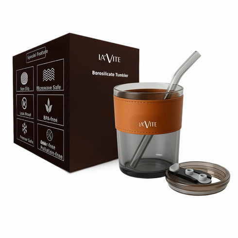 LA' FORTE Borosilicate Glass Tumbler | Leak-Proof Travel Cup | Glass Straw & Leather Jacket | Hot & Cold Beverages | Dual Drinking Mode - Sip & Straw