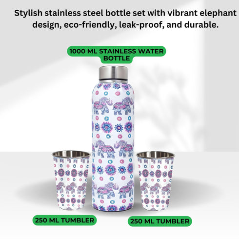 LA' FORTE Premium Stainless Steel Bottle & 02 Tumbler Set ( Water Bottle X 1000 ml ; 02 Glasses X 250 ml each)