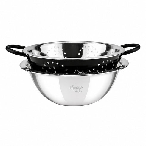 Spring by LA’ FORTE 2-in-1 Stainless Steel Bowl with Black Colander Set, 23.5 cm | Fruit & Vegetable Washer, Pasta/Noodle Strainer, Rice & Dal Rinse Bowl, Kitchen Prep & Drain Set