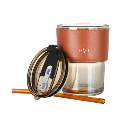 LA' FORTE Borosilicate Glass Tumbler | Leak-Proof Travel Cup | Glass Straw & Leather Jacket | Hot & Cold Beverages | Dual Drinking Mode - Sip & Straw