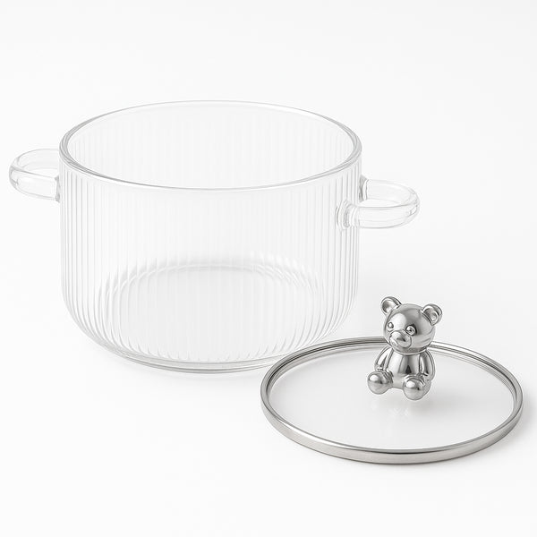 1600ml Multipurpose Borosilicate Glass Pot with Bear Knob Lid | Ideal for Cooking, Serving, Storage & More