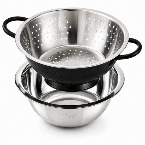 Spring by LA’ FORTE 2-in-1 Stainless Steel Bowl with Black Colander Set, 23.5 cm | Fruit & Vegetable Washer, Pasta/Noodle Strainer, Rice & Dal Rinse Bowl, Kitchen Prep & Drain Set