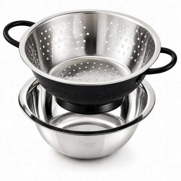 Spring by LA’ FORTE 2-in-1 Stainless Steel Bowl with Black Colander Set, 23.5 cm | Fruit & Vegetable Washer, Pasta/Noodle Strainer, Rice & Dal Rinse Bowl, Kitchen Prep & Drain Set