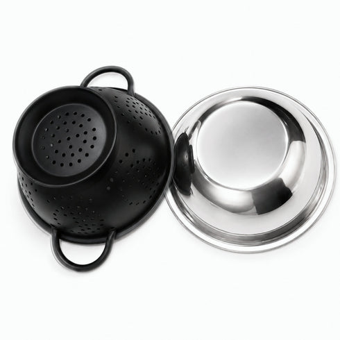 Spring by LA’ FORTE 2-in-1 Stainless Steel Bowl with Black Colander Set, 23.5 cm | Fruit & Vegetable Washer, Pasta/Noodle Strainer, Rice & Dal Rinse Bowl, Kitchen Prep & Drain Set
