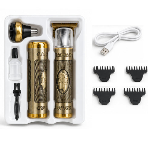Professional 3-in-1 Electric Hair Trimmer for Men | Hair Clipper + Nose Trimmer + Foil Shaver | USB Type-C Rechargeable | Metal Body | 600mAh Battery | Cordless Beard & Hair Grooming Kit (Gold)