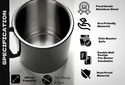 Stainless Steel Coffee and Tea Mugs - 150ml (5.07 oz) - Set of 2 - Powder Coated Exterior, Steel Interior
