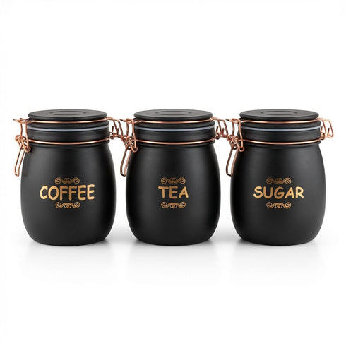 Tea Coffee Sugar Jar Set – 900 ml Airtight Glass Storage Containers with Matte Coated Exterior & Copper Lock Latch | Rectangular Kitchen Canister Set for Tea, Coffee & Sugar (3 Pc Set)