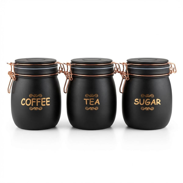 Tea Coffee Sugar Jar Set – 900 ml Airtight Glass Storage Containers with Matte Coated Exterior & Copper Lock Latch | Rectangular Kitchen Canister Set for Tea, Coffee & Sugar (3 Pc Set)