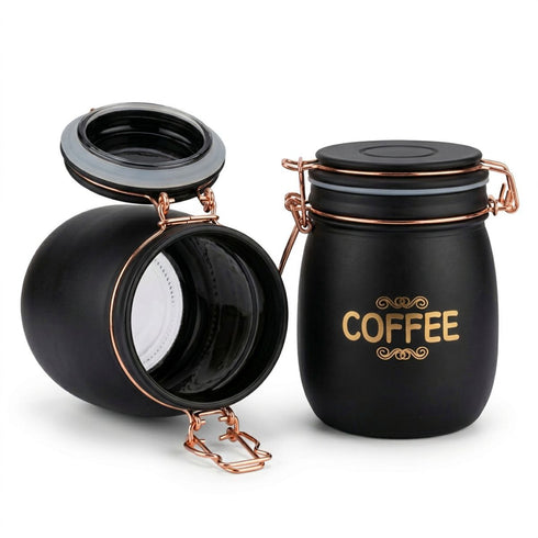 Tea Coffee Sugar Jar Set – 900 ml Airtight Glass Storage Containers with Matte Coated Exterior & Copper Lock Latch | Rectangular Kitchen Canister Set for Tea, Coffee & Sugar (3 Pc Set)