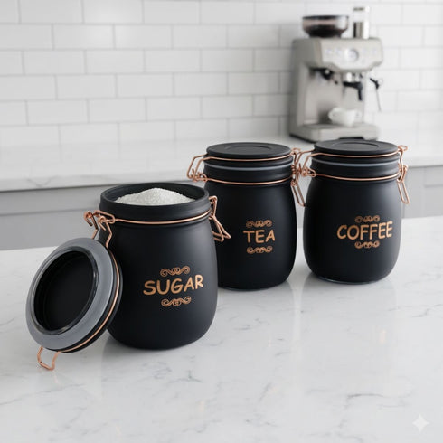 Tea Coffee Sugar Jar Set – 900 ml Airtight Glass Storage Containers with Matte Coated Exterior & Copper Lock Latch | Rectangular Kitchen Canister Set for Tea, Coffee & Sugar (3 Pc Set)