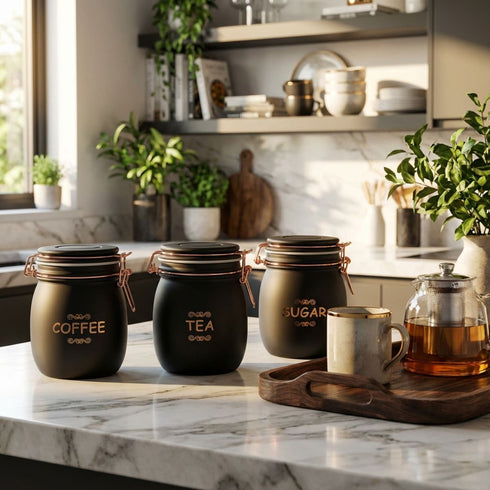 Tea Coffee Sugar Jar Set – 900 ml Airtight Glass Storage Containers with Matte Coated Exterior & Copper Lock Latch | Rectangular Kitchen Canister Set for Tea, Coffee & Sugar (3 Pc Set)