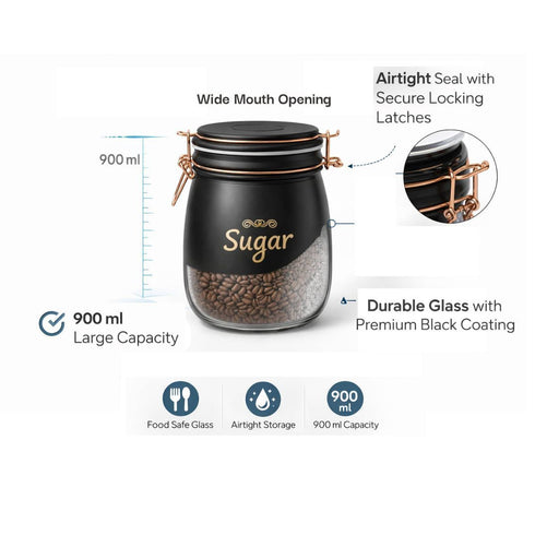 Tea Coffee Sugar Jar Set – 900 ml Airtight Glass Storage Containers with Matte Coated Exterior & Copper Lock Latch | Rectangular Kitchen Canister Set for Tea, Coffee & Sugar (3 Pc Set)