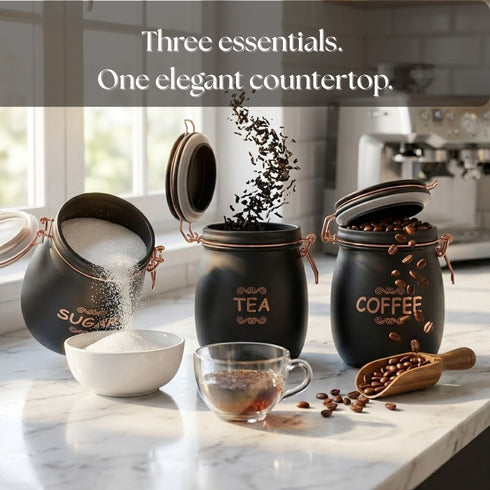 Tea Coffee Sugar Jar Set – 900 ml Airtight Glass Storage Containers with Matte Coated Exterior & Copper Lock Latch | Rectangular Kitchen Canister Set for Tea, Coffee & Sugar (3 Pc Set)