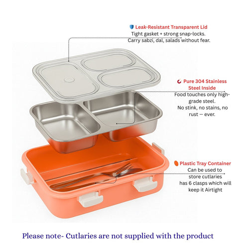 LA’ FORTE 304 Steel Bento Box (900 ml) | 3 Sections | Leak-Proof | Hygienic, Rust-Free | Microwave-Friendly Tiffin for Kids & Adults